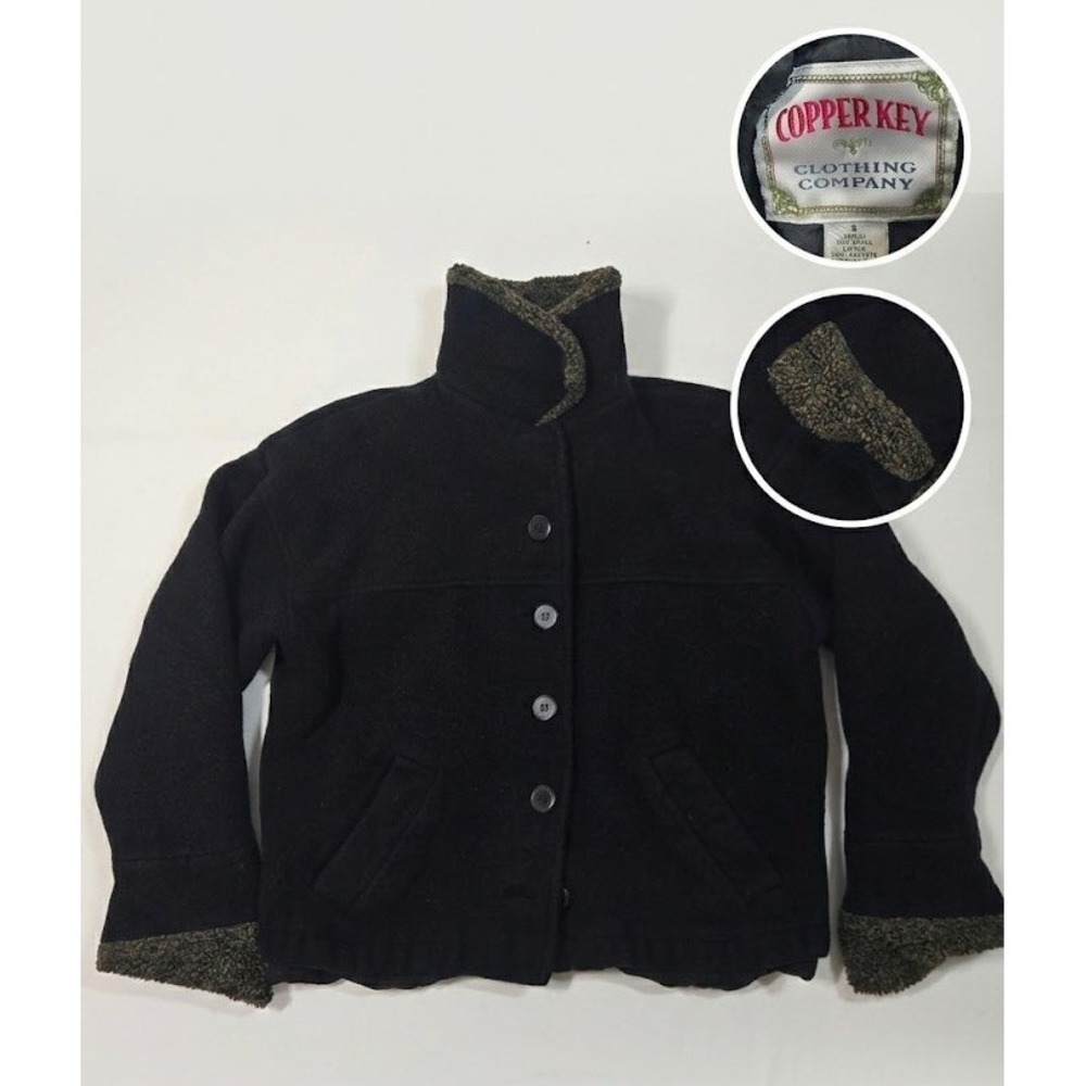 VTG Copper Key Wool Jacket Women Small Black Button Up Mock Neck Fleece Trim